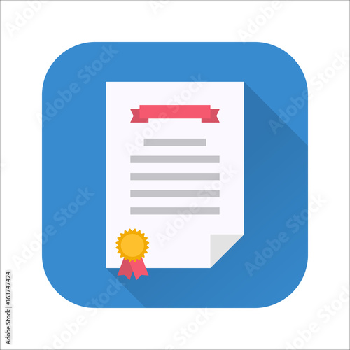 Diploma flat icon. Certificate of congratulations, contract or achievement paper. Vector flat style cartoon illustration with long shadow on blue background. Business concept