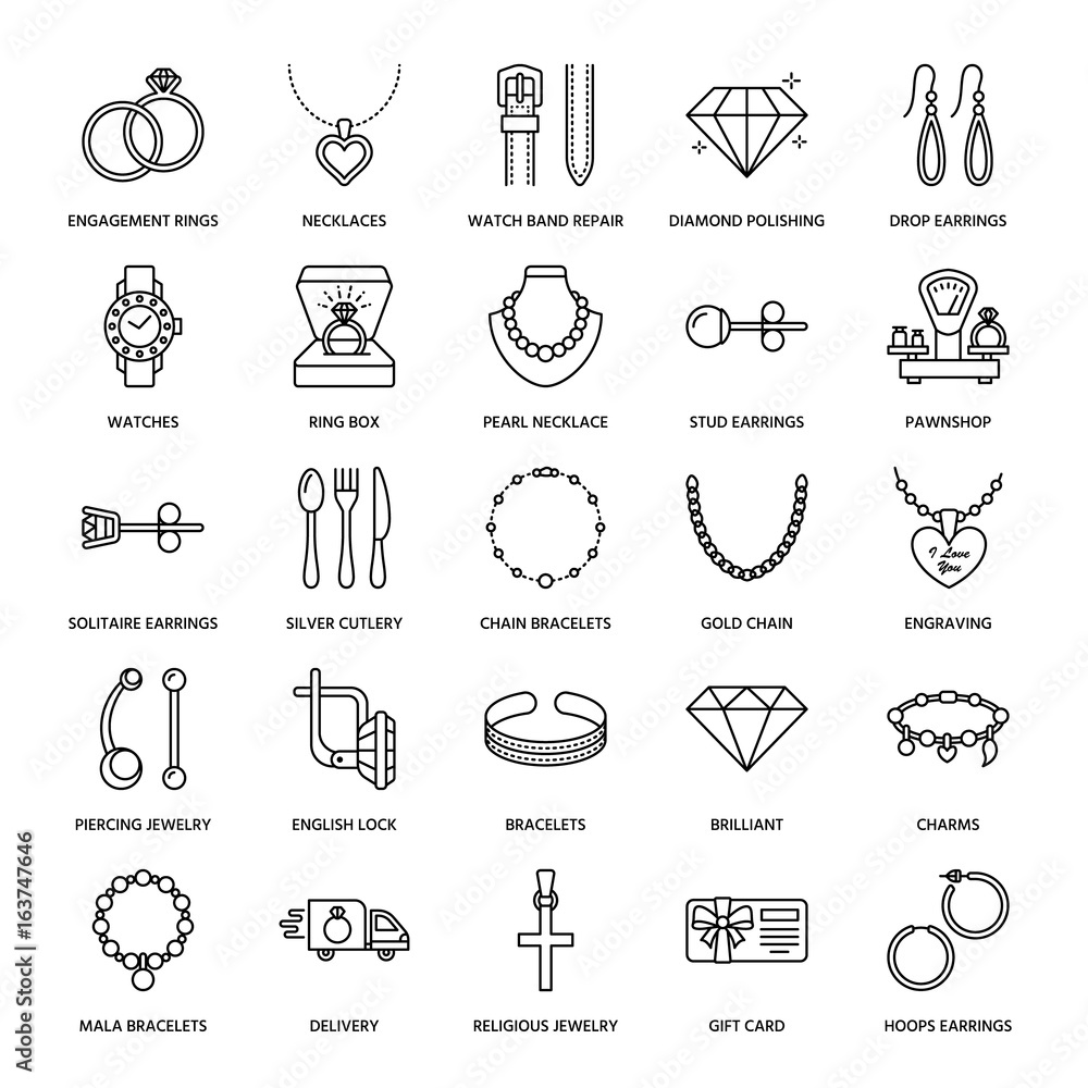 Jewelry flat line icons, jewellery store signs. Jewels accessories - gold  engagement rings, gem earrings, silver chain, engraving necklaces,  brilliants. Thin linear signs for fashion store. Stock Vector