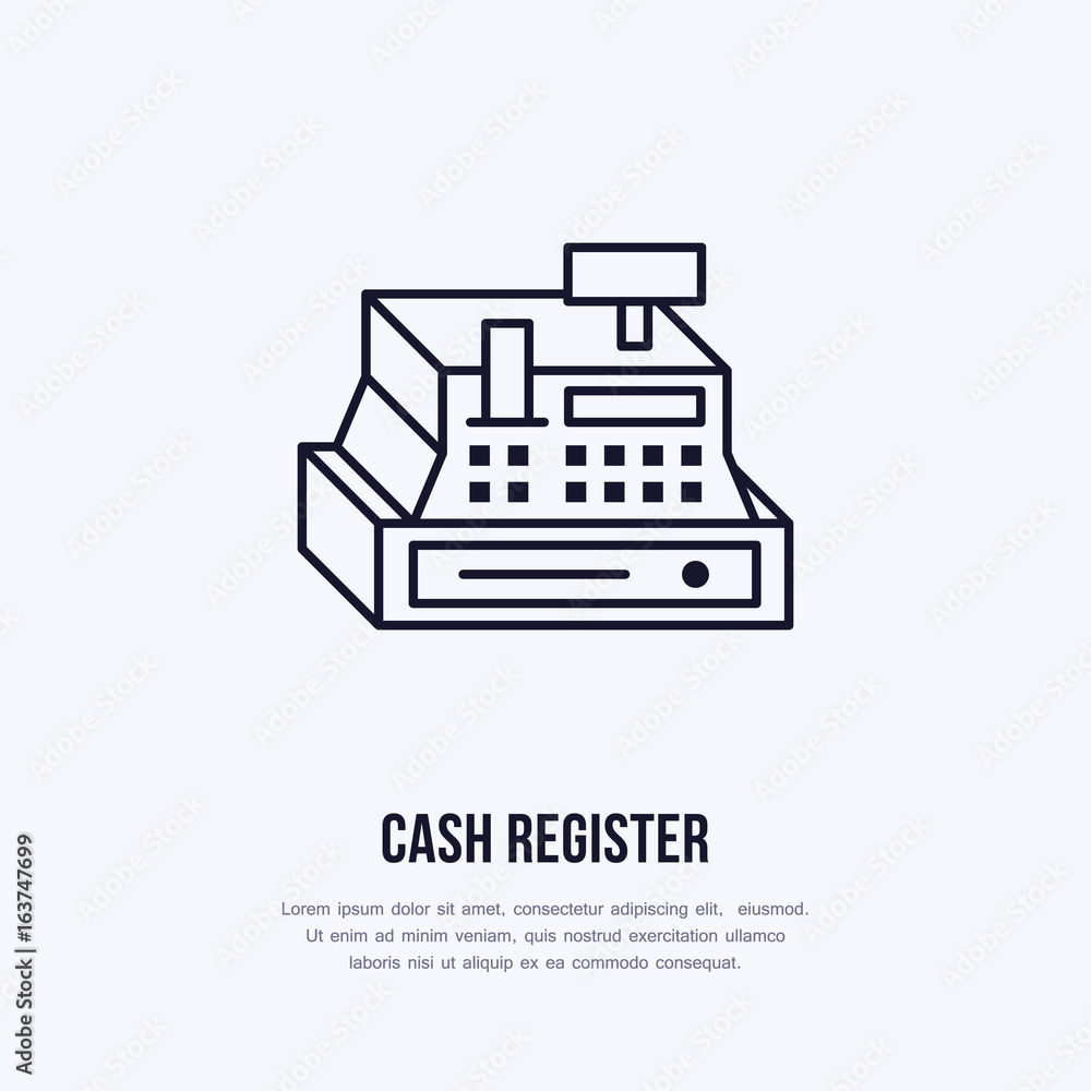 Cash register vector flat line icons. Retail store supplies, trade shop equipment sign. Commercial object thin linear sign for warehouse store.