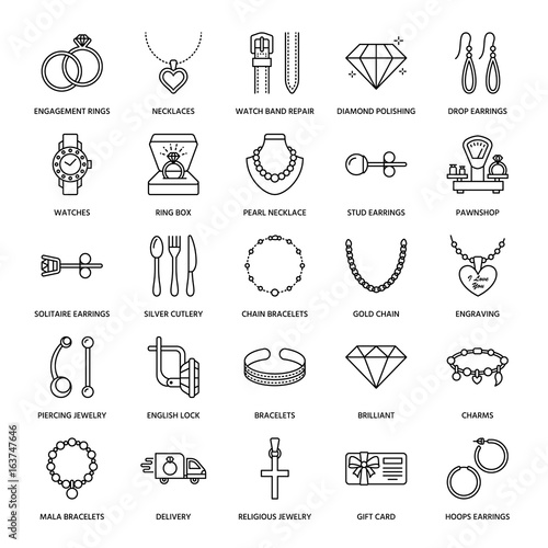 Jewelry flat line icons, jewellery store signs. Jewels accessories - gold engagement rings, gem earrings, silver chain, engraving necklaces, brilliants. Thin linear signs for fashion store.