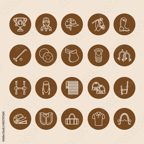 Horse polo flat line icons. Vector illustration of horses sport game, equestrian equipment - saddle, leather boots, harness, spurs. Linear signs set, championship pictograms for event, gear store.