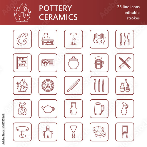 Pottery workshop, ceramics classes line icons. Clay studio tools signs. Hand building, sculpturing equipment - potter wheel, electric kiln, tools. Thin linear signs for art shop.