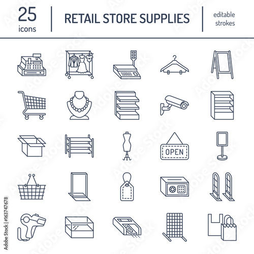 Retail store supplies line icons. Trade shop equipment signs. Commercial objects - cash register, basket, scales, shopping cart, shelving, display cases. Thin linear signs for warehouse store.