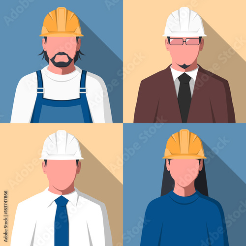 Silhouettes of people in hard hat for user profile picture. Avatars of construction workers. Engineering staff in flat design. Vector illustration.