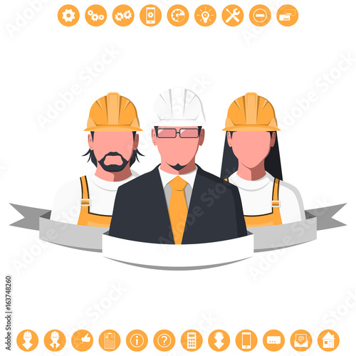 Male and female silhouettes of engineers with icons isolated on white background. Engineering team, faceless avatars of man and woman. Flat vector illustration.
