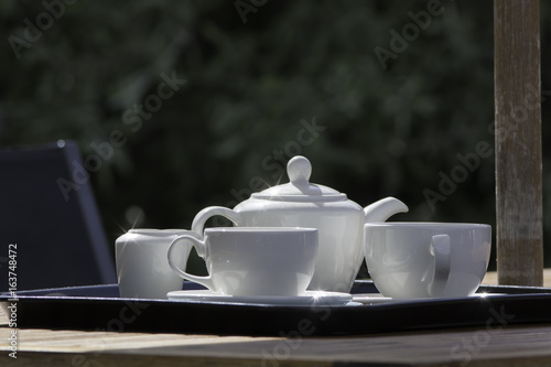 Summer garden afternoon tea party. White crockery teapot cups and saucers on garden table.