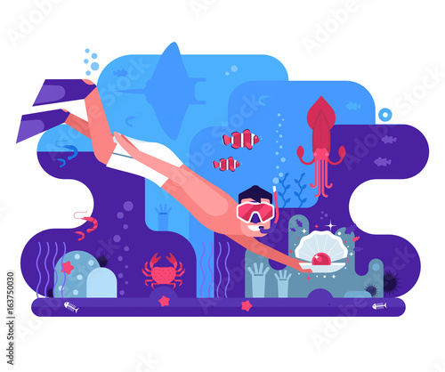 Free diving concept background with pearl diver finding shell on sea bottom. Underwater world scene banner with snorkeler man searching treasures on seabed among ocean life on coral reef background.