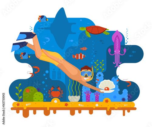 Pearl diving concept illustration with scuba diver finding shell on seabed. Underwater world scene with snorkeler man searching treasures on sea bottom among ocean life on coral reef background.