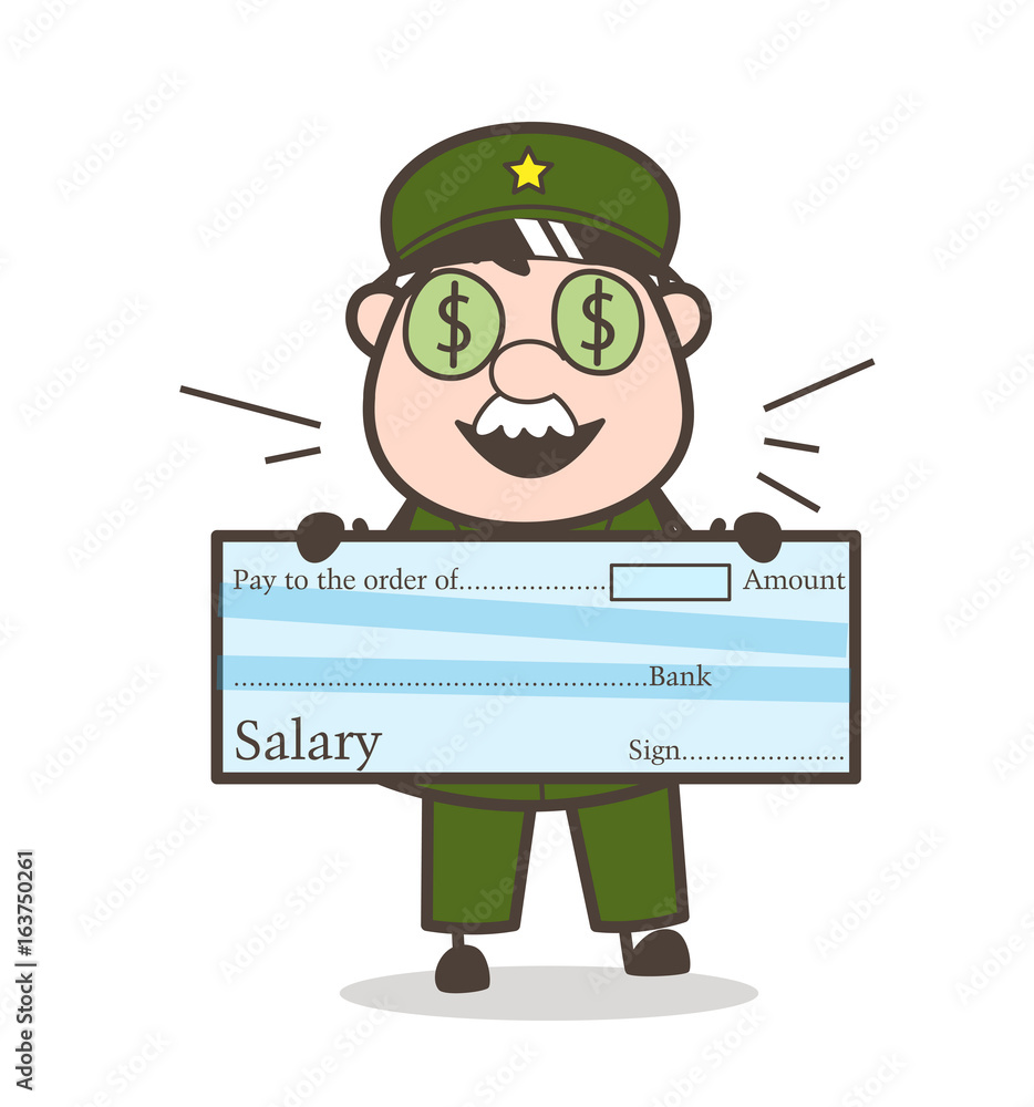 Cartoon Army Man Showing Salary Cheque Vector Illustration
