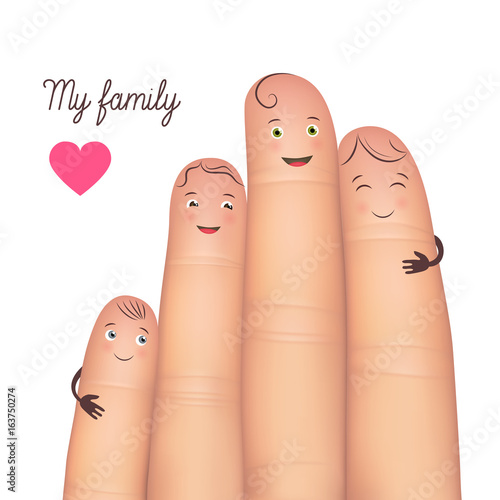My family festive card. Realistic funny fingers together. Excellent gift poster fun for special memories. Flat style vector illustration isolated on white background