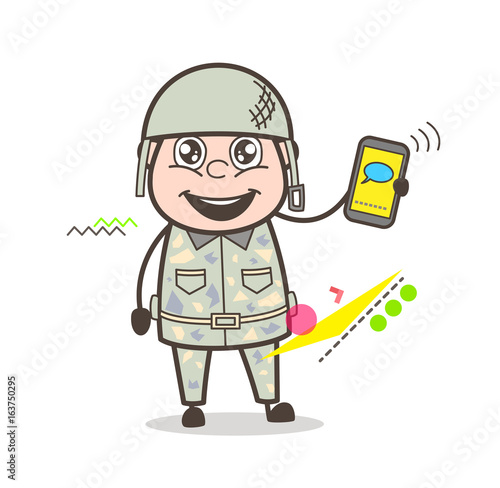 Cartoon Army Man Showing Message in Phone Vector Illustration