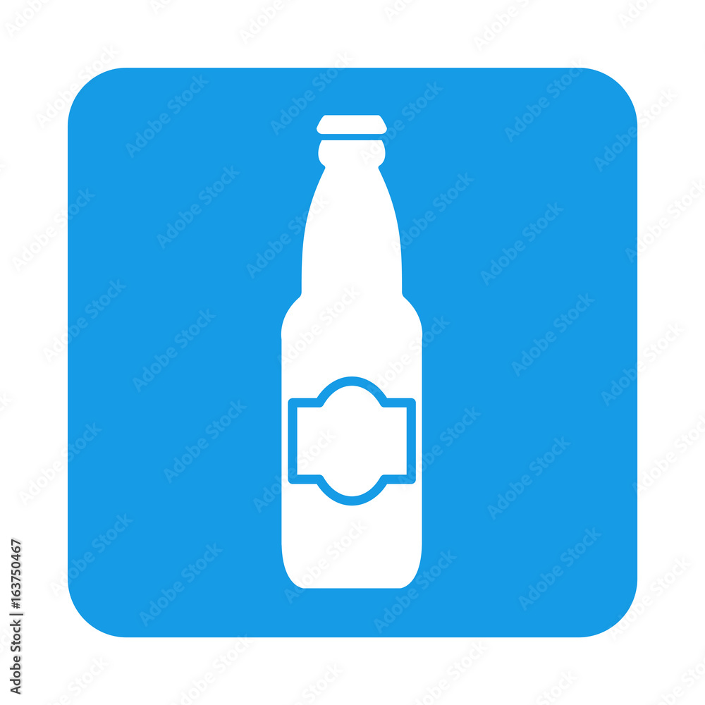 Icono plano botella de cerveza con tapon en cuadrado azul Icono plano botella de cerveza con tapon en cuadrado azul