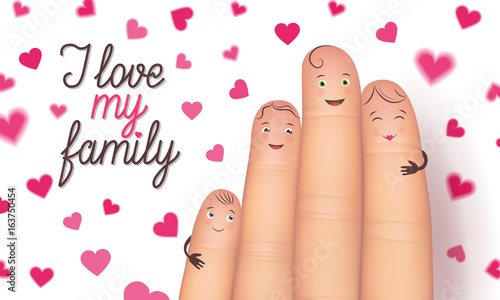 Family day card. Realistic cute fingers close together. Special bond to cherish forever. Flat style vector illustration isolated on white background with red hearts