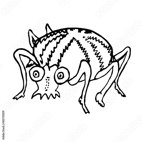 Funny spider with cross on top of body, , hand drawn doodle black and white sketch in pop art style, vector illustration