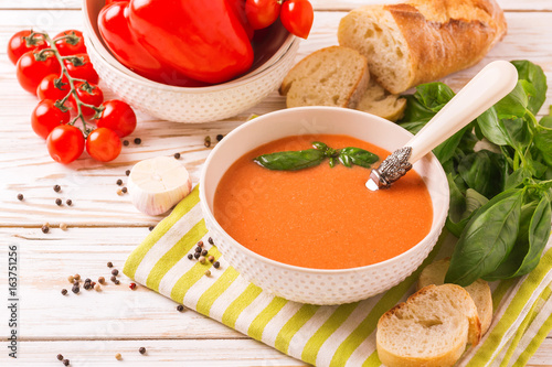 Wallpaper Mural Italian tomato soup gazpacho with basil, tomatoes and baguette Torontodigital.ca