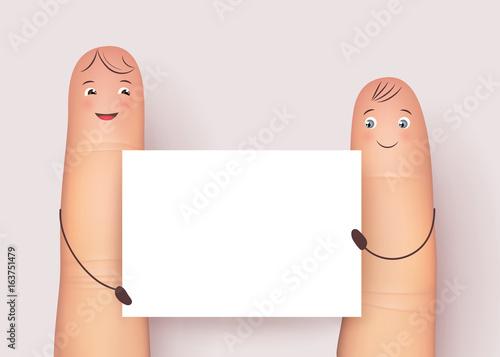 Funny fingers mockup. Fingers with blank white poster. Picture of empty card for mock up as copy space. Flat style vector realistic illustration isolated on white background