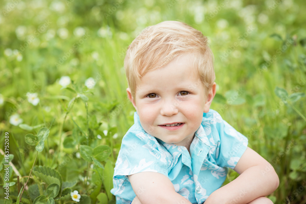 Portrait of a beautiful boy child sitting on green meadow Portrait of a beautiful boy child sitting on green meadow