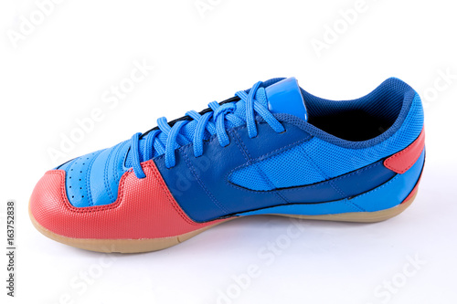 Male Blue and Red Sneaker on White Background, Isolated Product, Top View, Studio.