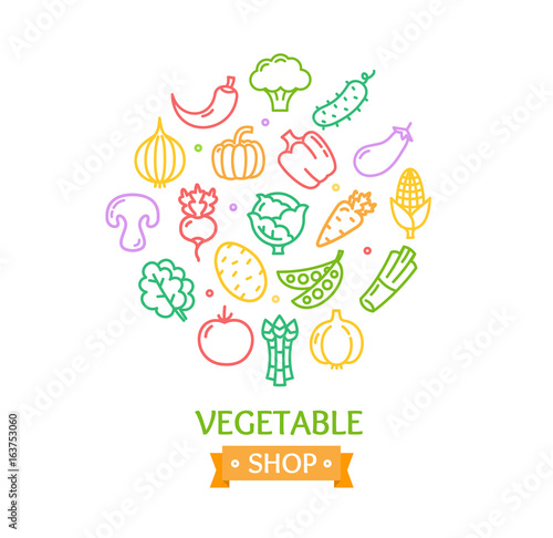 Vegetables Food Shop Color Round Design Template Outline Icon Concept. Vector