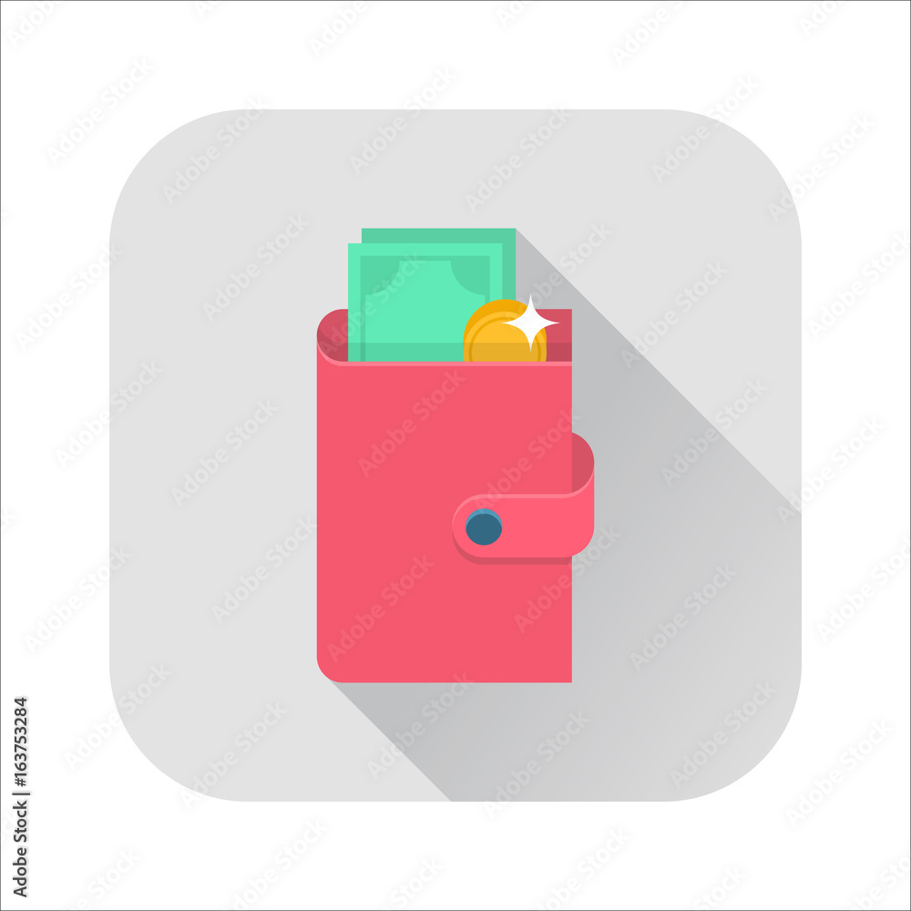 Flat wallet icon. Pink wallet with cash and coin. Internet sign with long shadow in cartoon style. Web and mobile design element. Money symbol. Vector colored illustration. Flat wallet icon. Pink wallet with cash and coin. Internet sign with long shadow in cartoon style. Web and mobile design element. Money symbol. Vector colored illustration.