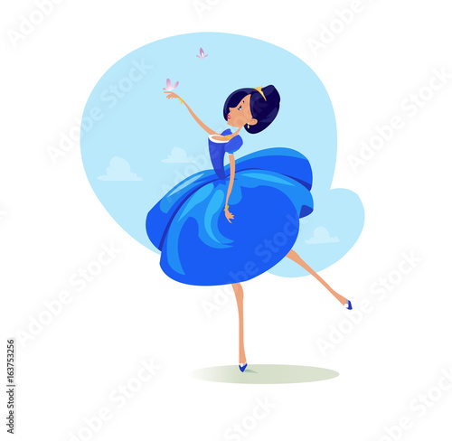 Digital vector funny comic cartoon fairytale princess girl in blue dress dancing with butterflyes at a ball, royal shoes and collar, hand drawn illustration, abstract realistic flat style