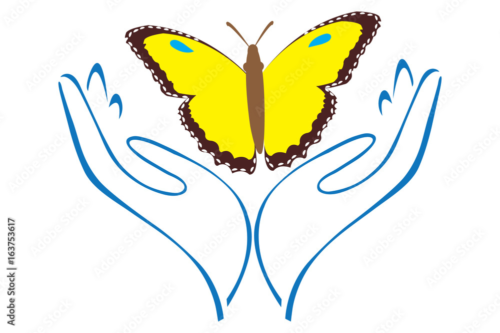 Naklejka premium Abstract Hands Embracing a Yellow Butterfly