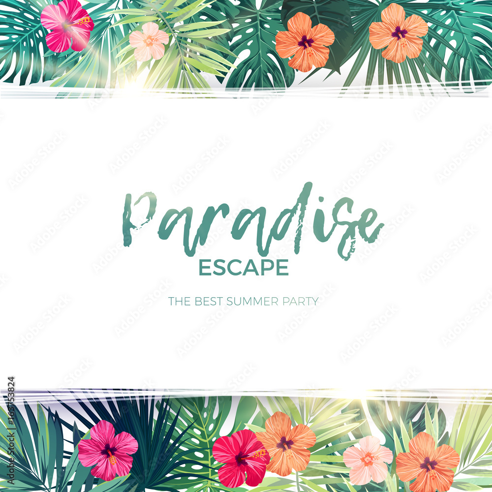 Naklejka premium Zielone lato tropikalny tło z egzotycznymi palmami i kwiatami hibiskusa. Kwiatowy tło wektor.