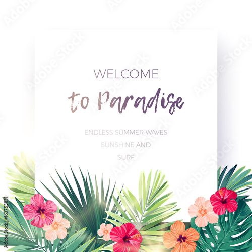 Green summer tropical background with exotic palm leaves and hibiscus flowers. Vector floral background.