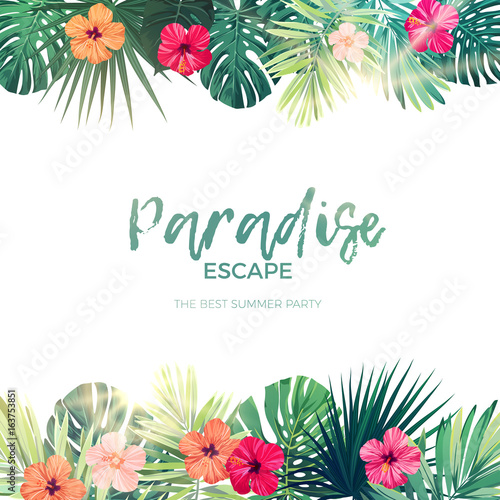 Green summer tropical background with exotic palm leaves and hibiscus flowers. Vector floral background.