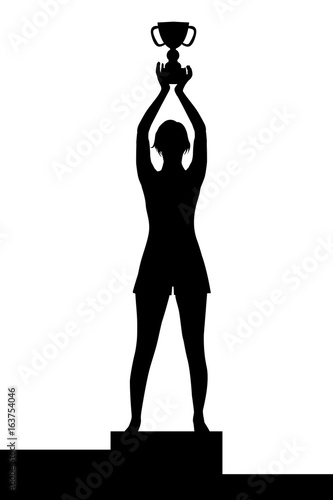 Woman silhouette on podium  holding a championship trophy