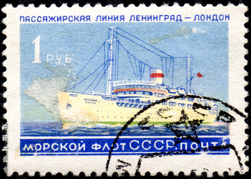 UKRAINE - CIRCA 2017: A postage stamp printed in USSR shows Soviet Liners Ship and Inscription Soviet Navy, Passage line Leningrad - London, from the series Ships, circa 1959