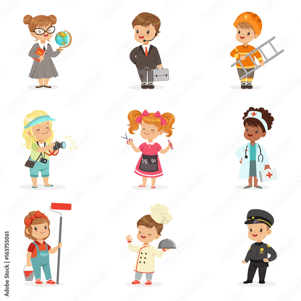 Set of cartoon professions for kids. Smiling little boys and girls in work wear vector illustrations Set of cartoon professions for kids. Smiling little boys and girls in work wear vector illustrations
