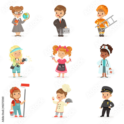 Set of cartoon professions for kids. Smiling little boys and girls in work wear vector illustrations