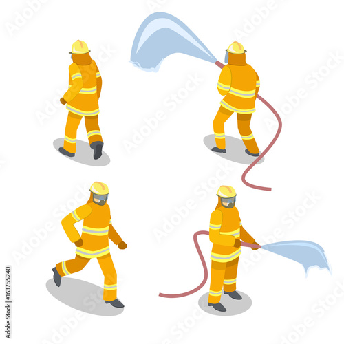 Isometric flat 3D isolated vector cutaway Firefighters in action.