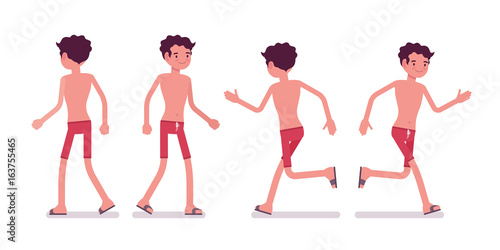 Young man in summer beach outfit, walking and running