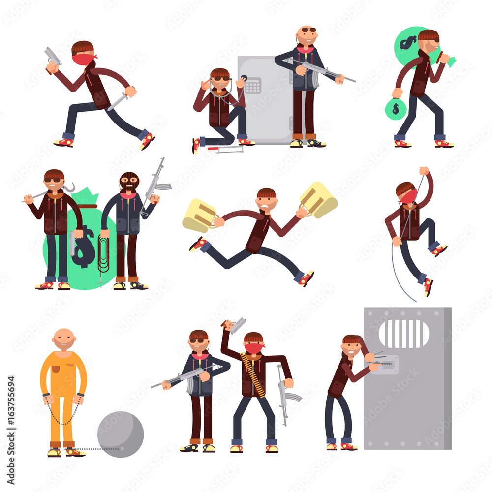 Criminal offender in different actions vector set. Burglar and thief cartoon characters