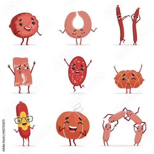 Cute funny humanized sausage showing different emotions set of colorful characters vector Illustrations