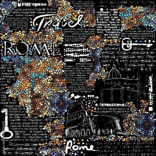 Imitation of retro newspaper background Rome travel. Seamless pattern.