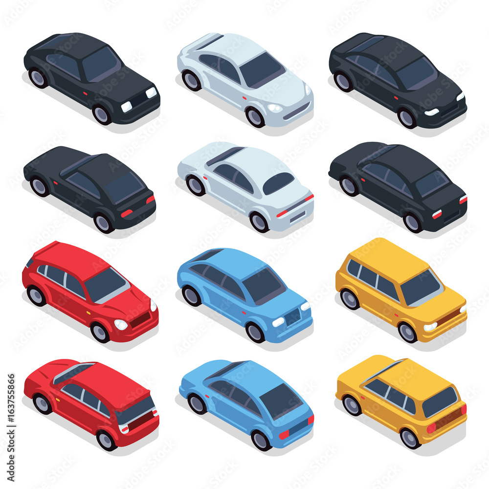 Isometric 3d cars. Transportation technology vector vehicles set Isometric 3d cars. Transportation technology vector vehicles set