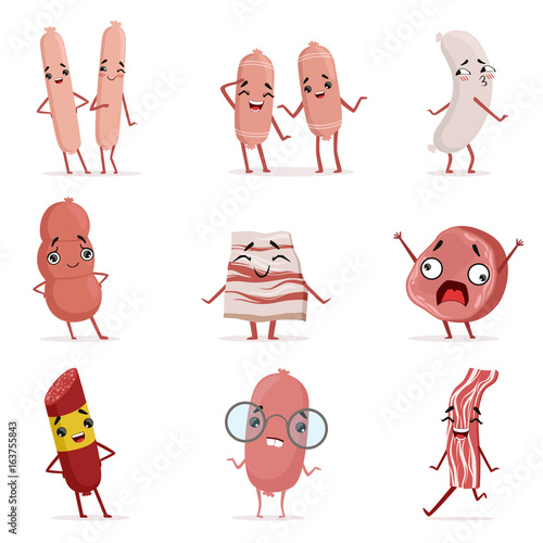 Cute funny humanized sausage, bacon, salami showing different emotions set of colorful characters vector Illustrations