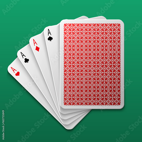 Four aces poker playing card on game table. Casino big win gamble vector background