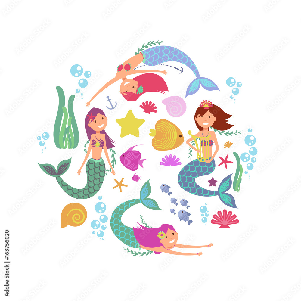 Cartoon swimming mermaids and sea underwater animals vector collection Cartoon swimming mermaids and sea underwater animals vector collection