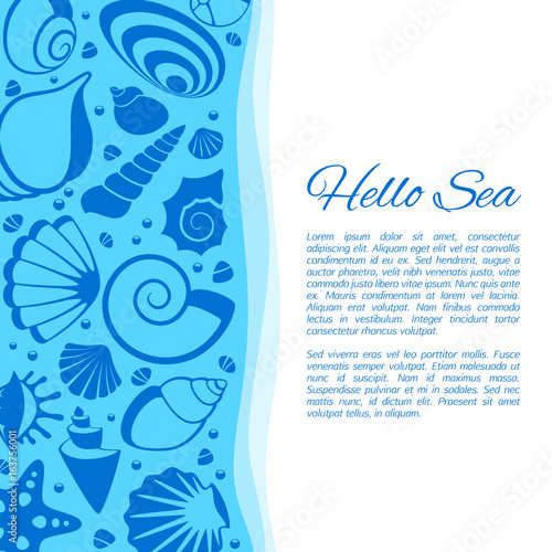 Summer vector background with seashell frame. Seaside holiday card decorated by cockleshells
