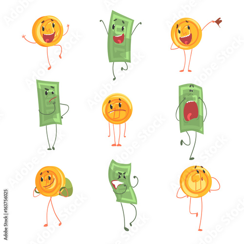 Cute funny humanized banknotes and coins showing different emotions set of colorful characters vector Illustrations