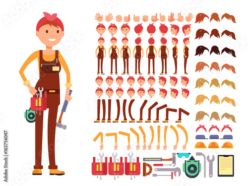 Female technician cartoon vector character. Woman mechanic in jumpsuit creation constructor with body parts for different poses