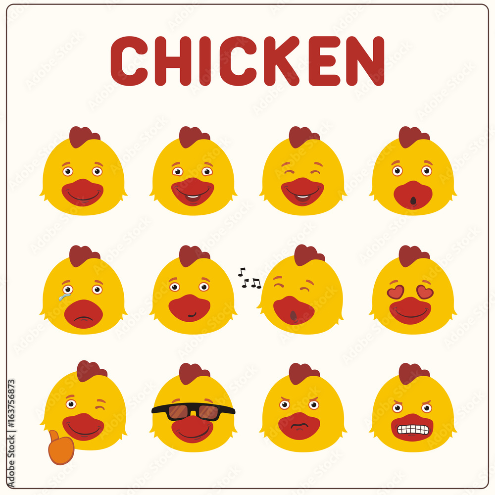 Emoticons set face of chicken in cartoon style. Collection isolated funny muzzle chicken with different emotion. Emoticons set face of chicken in cartoon style. Collection isolated funny muzzle chicken with different emotion.