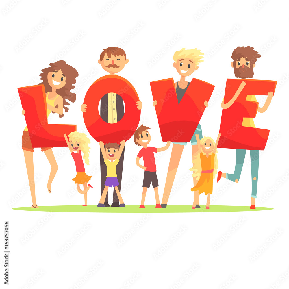 Group of smiling people holding the word Love cartoon colorful vector Illustration Group of smiling people holding the word Love cartoon colorful vector Illustration