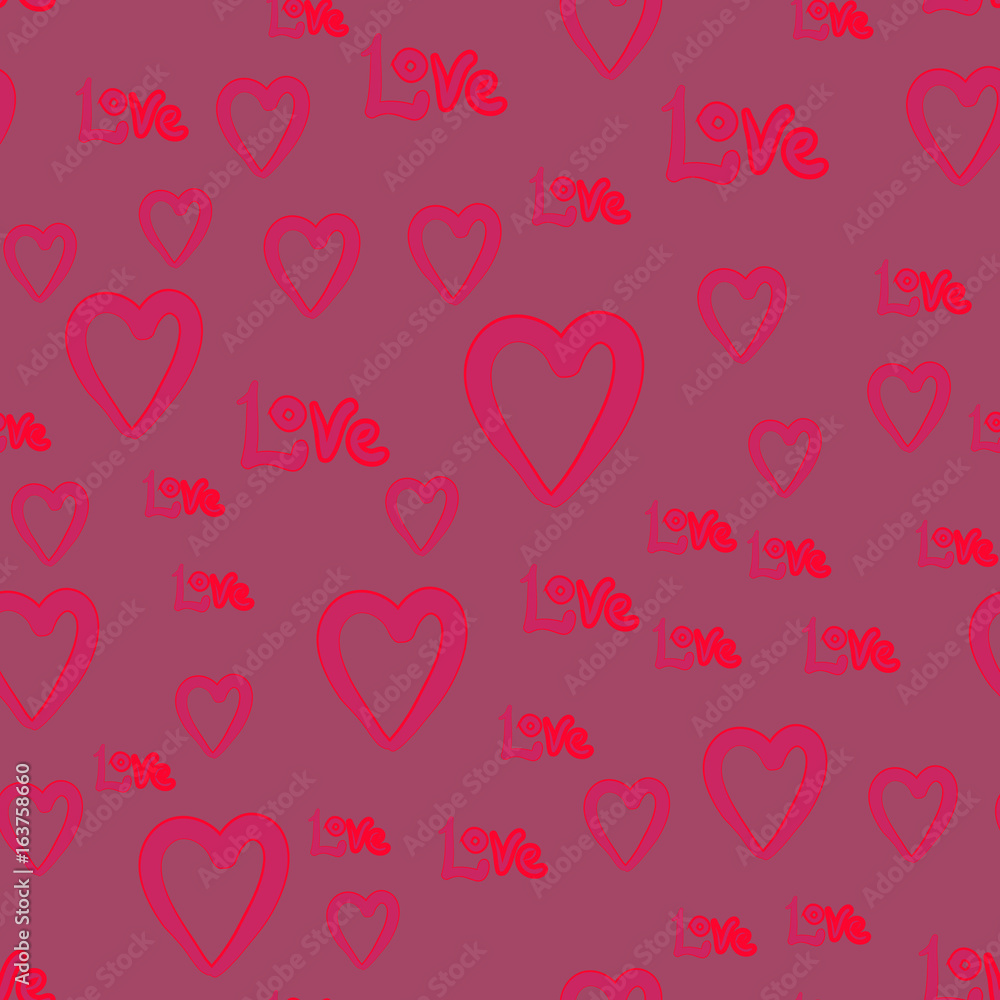 Hand drawn doodle cute hearts and love word vector seamless pattern for cards, wrapping paper, decoration or textile