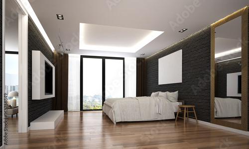 The interior of modern bedroom and service apartment design  and black texture wall