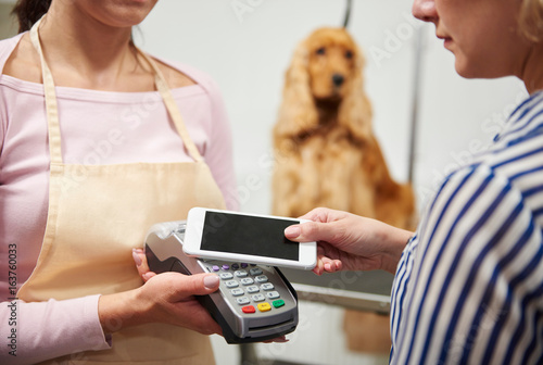 Hands of female groomer taking customer smartphone payment at dog grooming salon photo